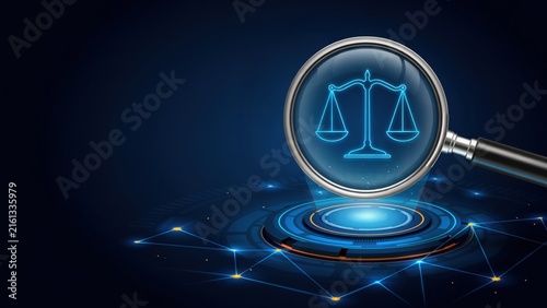Magnifying glass examining a glowing scales of justice icon on a futuristic digital background.