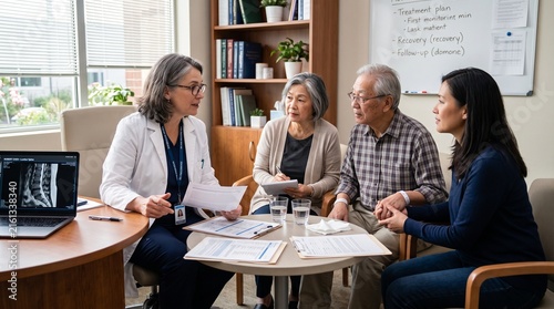 Female doctor consulting with an elderly Asian couple and their daughter in a medical office.