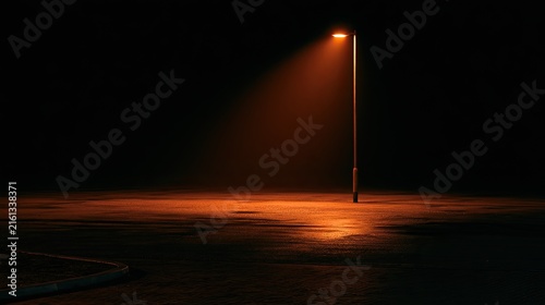 Single street lamp illuminates a dark, wet, empty space with orange glow