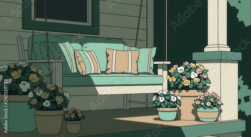 Serene Porch Swing Oasis With Blooming Potted Flowers And Coastal Blues