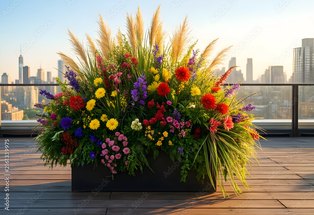 Fototapeta premium Urban rooftop garden with vibrant flowers and pampas grass, city skyline background, outdoor living and green space