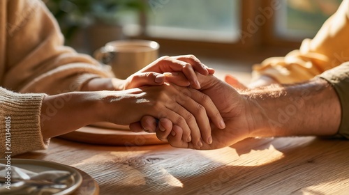 National Suicide Prevention Week: diverse group of hands stacked together in a circle of unity, overhead shot, bright natural daylight