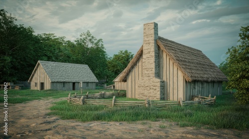 Thanksgiving Traditional colonial homestead featuring stone chimney and timber structures in a serene rural setting for historical projects USA