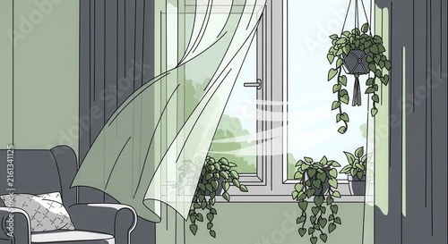 Serene Room Interior With Open Window And Gentle Breeze