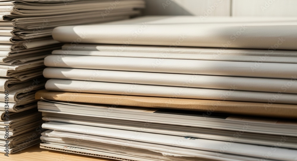 Fototapeta premium Stacks Of Paper Documents And Magazines On Table With Natural Light