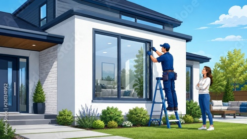 Technician Repairing Motorized Roller Shutter on Modern Home Window with Homeowner, Maintenance Illustration