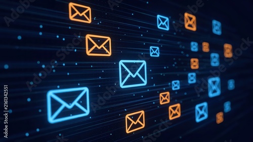 Blue and orange email symbols in a digital data network.