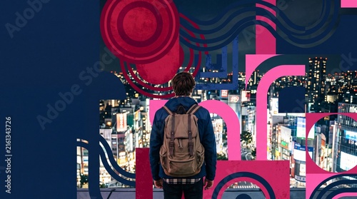 Backpacker Overlooking Vibrant Cityscape with Abstract Graphic Elements