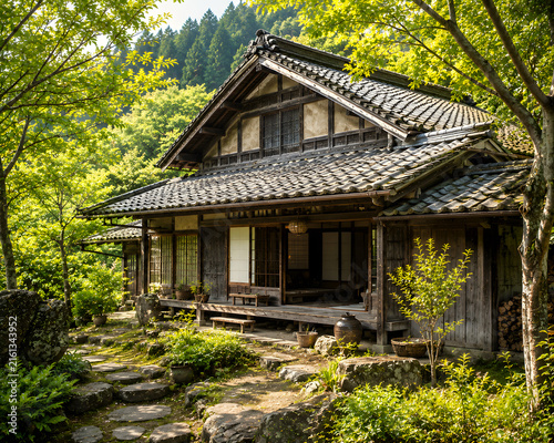 Traditional Japanese Kominka House Surrounded by Fresh Greenery in Spring
