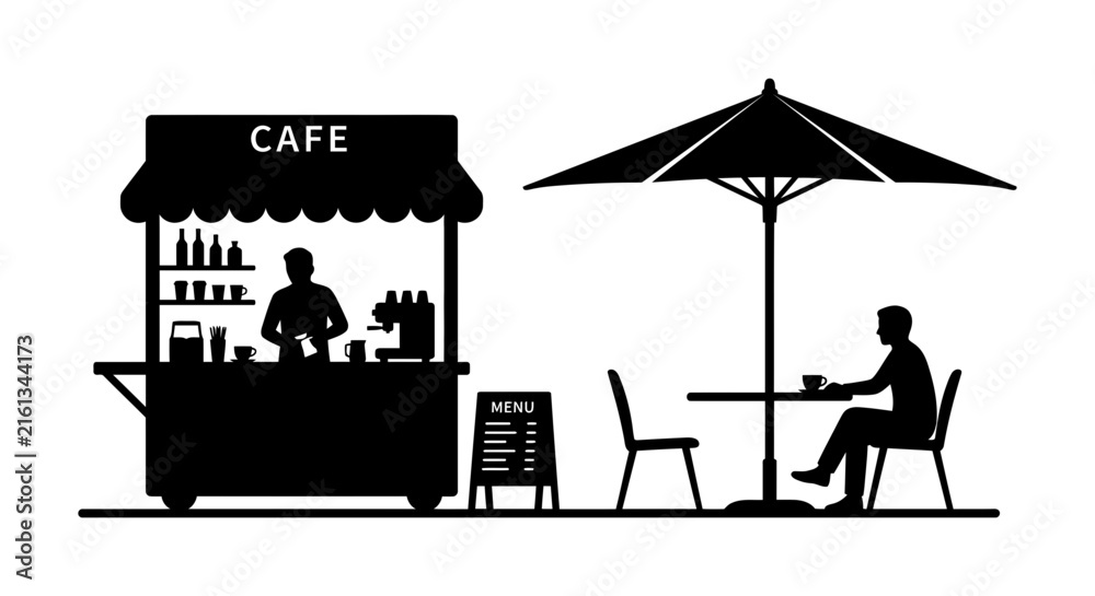 Fototapeta premium Black silhouette of a cafe kiosk with a server and seated customer on a white background