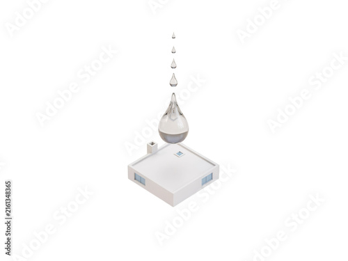 Minimalist Isometric Illustration of Water Droplets Descending onto a Modern Square Building Concept for Sustainable Architecture and Eco Design