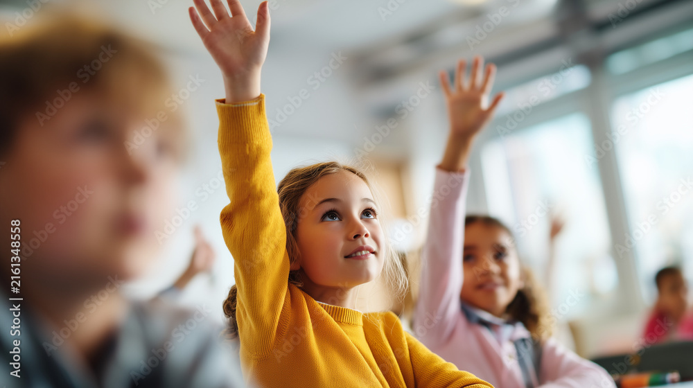 Fototapeta premium Elementary schoolchildren raising their hands in a bright classroom, representing active learning, participation, curiosity, education and student engagement.