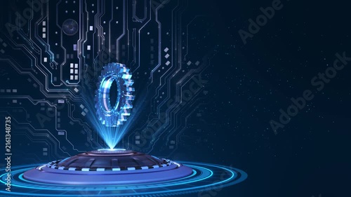 Futuristic gear projection represents agentic AI, autonomous operations and intelligent workflow orchestration across connected systems, suitable for enterprise automation and advanced 19.