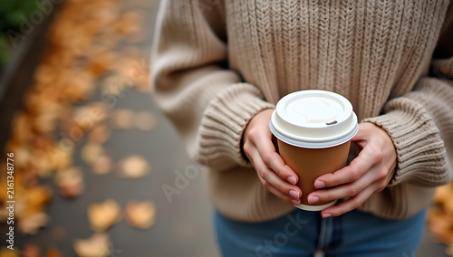 Close up of hands holding takeaway coffee in paper cup