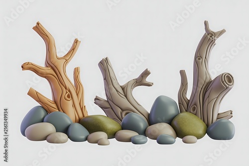 3d Cartoonish Aquarium landscaping hardscape natural elements set with driftwood and stones isolated on white background 