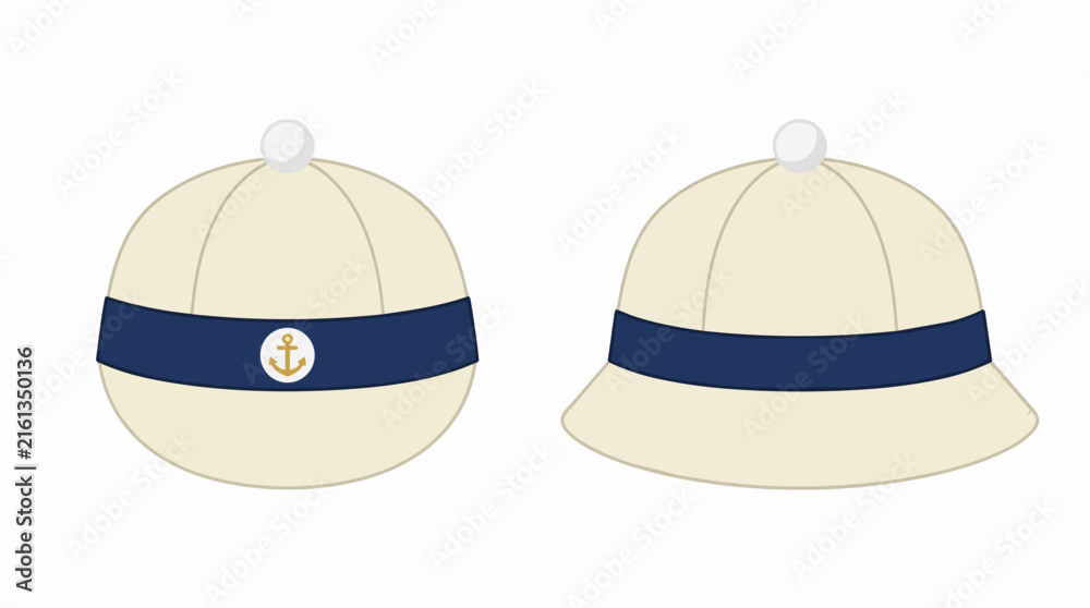 Fototapeta premium Classic Marine Sailor Caps Featuring Navy Blue Ribbon and Anchor Symbol for Nautical Theme and Cruise Vacation