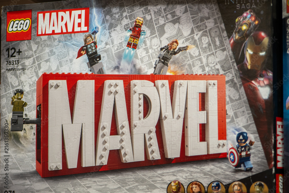 Naklejka premium Colorful Retail Box of LEGO Marvel Avengers Logo Building Blocks Set with Superhero Minifigures Pack. Milan, Italy - June 24, 2026