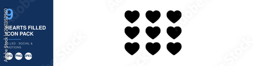 Nine Hearts Filled Icon Pack, Social Media Design, Emotions Illustration, Filled Heart Symbols, Vector Graphics.
