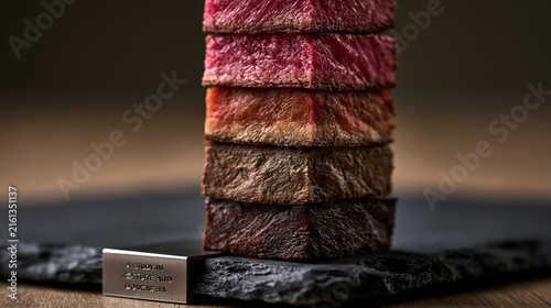 A professional culinary study showing a vertical stack of square beef steak slices, each cooked to a different level of doneness, from rare to well-done.