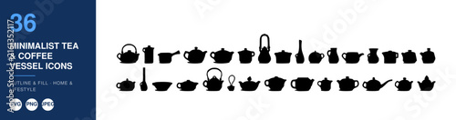 Tea and Coffee Vessel Icons, Minimalist Design Set. Beverage Icons, Outline Style