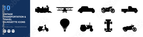 Vintage Transportation Travel Silhouette Icons Set. Retro Travel Design Elements, Transportation Icons