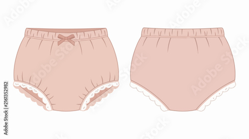 Baby Pink Bloomer Shorts with Lace Trim and Cute Bow Diaper Cover Template Front and Back View Illustration