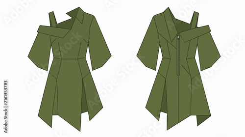 Modern Olive Green Asymmetric Fashion Dress Technical Drawing Front and Back View for Apparel Design Sketches