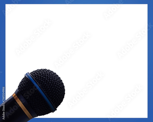 Microphone mockup banner with blue border on white background