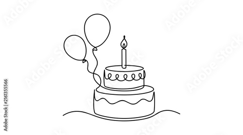 Birthday cake one line drawing isolated on transparent background