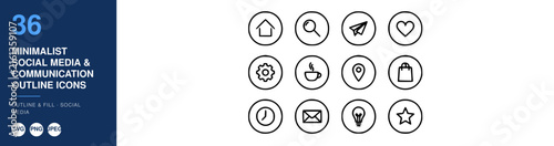 Minimalist Social Media Icons Set, Outline Style, Communication Design Elements Featuring Digital, Marketing