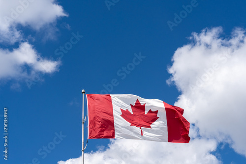 Photography A National Flag of Canada waving against a blue sky with white clouds