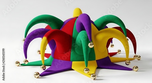 A vibrant multi colored jester hat with golden bells