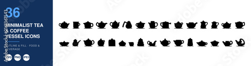 Minimalist Tea and Coffee Vessel Icons Set, Outline Style, Food & Beverage Illustration, Simple Design Elements