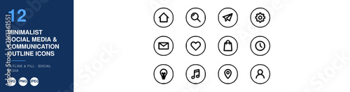 Minimalist Social Media Communication Outline Icons Set, Featuring Home, Search, Send, Settings, and Other Symbols