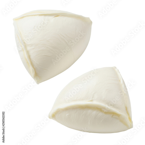 Two pieces of fresh mozzarella cheese isolated on transparent background