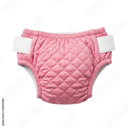 Pink quilted reusable baby diaper cover with white hook and loop fasteners isolated on transparent background