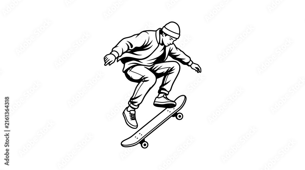 Fototapeta premium Skateboarder performing an ollie jump trick in black and white vector illustration