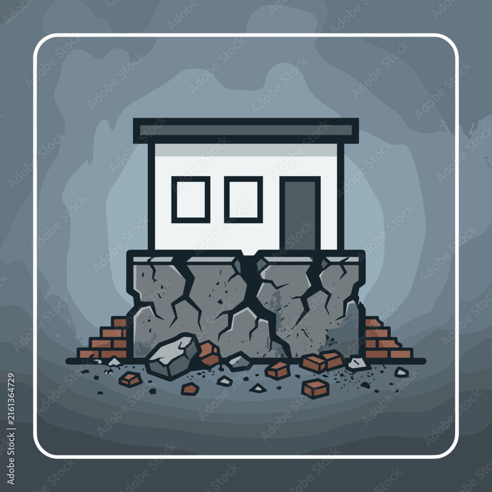 Naklejka premium Damaged House Foundation Earthquake Ruin Structural Collapse