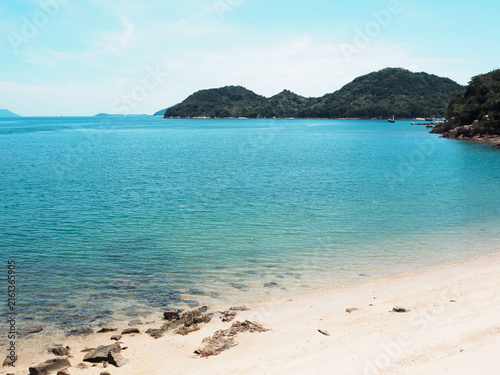 Nostalgic negative film style view of the Seto Inland Sea from Naoshima Island Kagawa Prefecture in Japan