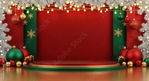 Christmas product display podium with red and green festive holiday decorations