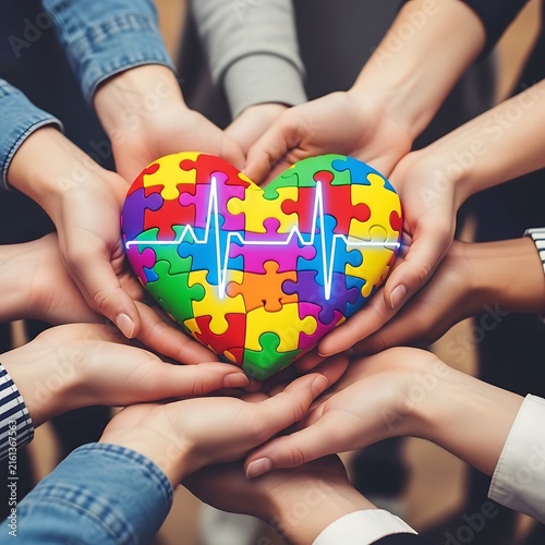 Many hands cradle a puzzle heart with an ECG line together