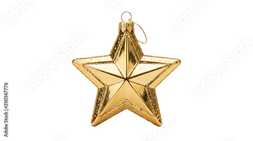 Shiny gold star Christmas ornament isolated on white background for holiday decoration