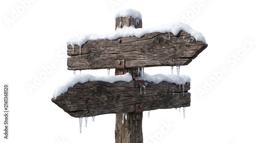 Snow covered wooden directional signs on a post isolated on white background.