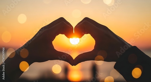 Silhouetted hands form a heart shape against a vibrant sunset sky
