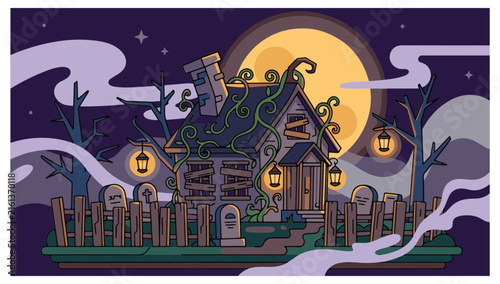 Spooky Haunted House Vector Illustration with Full Moon, Graveyard, and Lanterns for Halloween Night