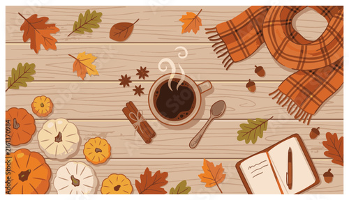 Cozy Autumn Flat Lay Vector Illustration with Hot Coffee, Pumpkins, Scarf, and Notebook