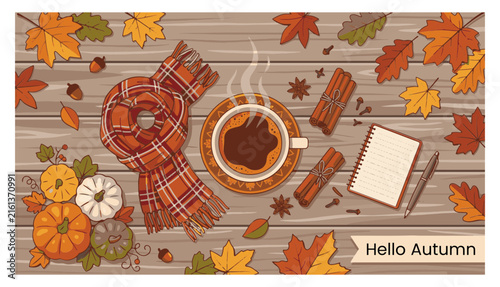 Hello Autumn Flat Lay Vector Illustration with Hot Coffee, Scarf, Pumpkins, and Fall Leaves