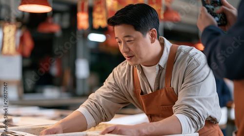 A fishmonger at an industrial harbor dockside leaning over a crate as a colleague films over the shoulder, both watching a distant dragon dance parade wind through the waterfront