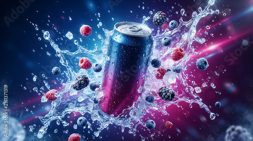 Cold energy drink can with water splash and fresh forest berries in a dark blue and purple neon light background