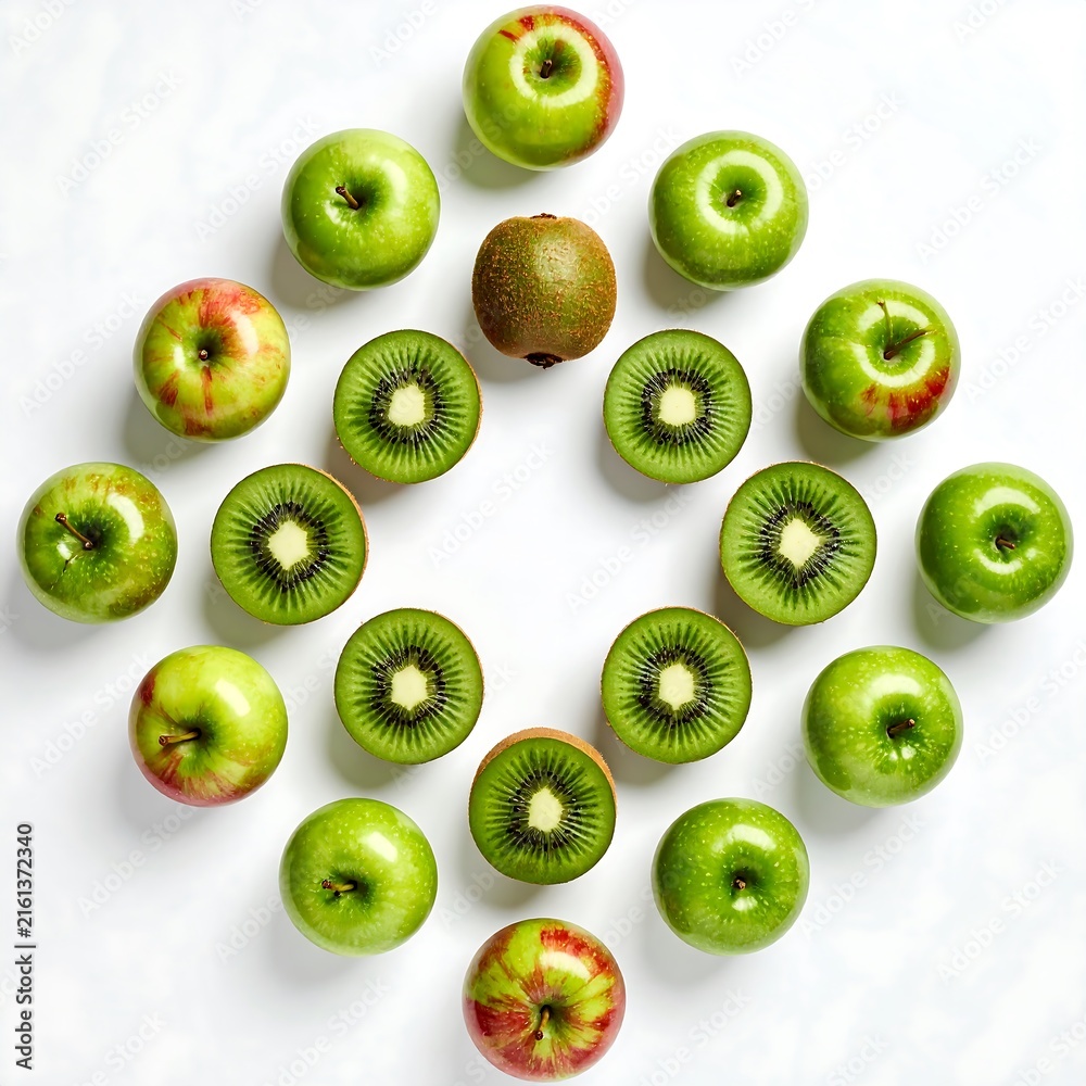 Fototapeta premium Fresh green apples and kiwi fruits arranged on white background.